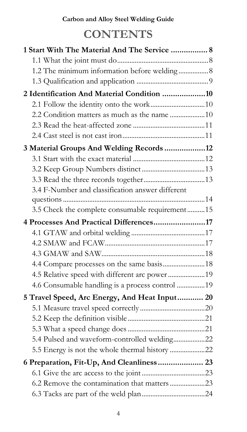 Table of contents for The Carbon and Alloy Steel Welding Guide