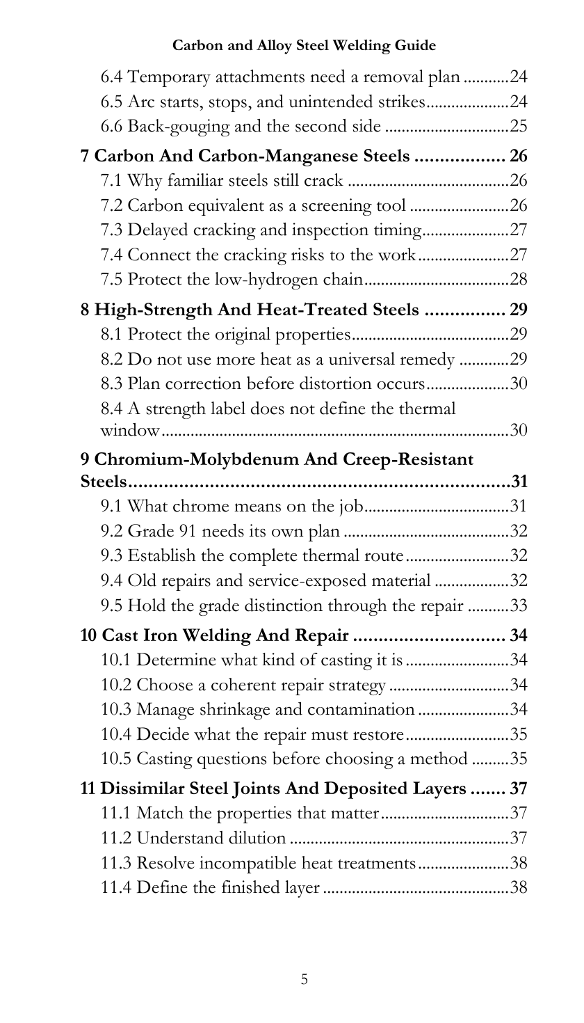 Table of contents for The Carbon and Alloy Steel Welding Guide