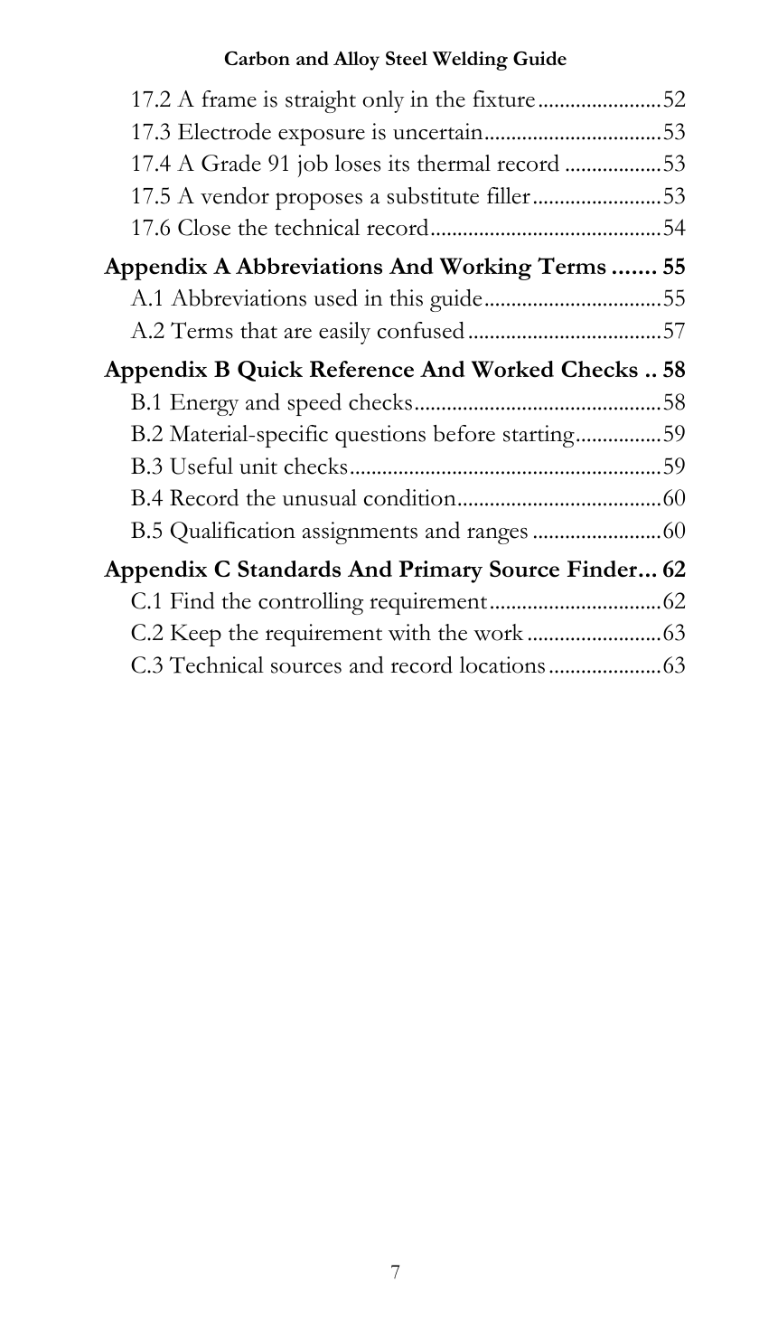 Table of contents for The Carbon and Alloy Steel Welding Guide