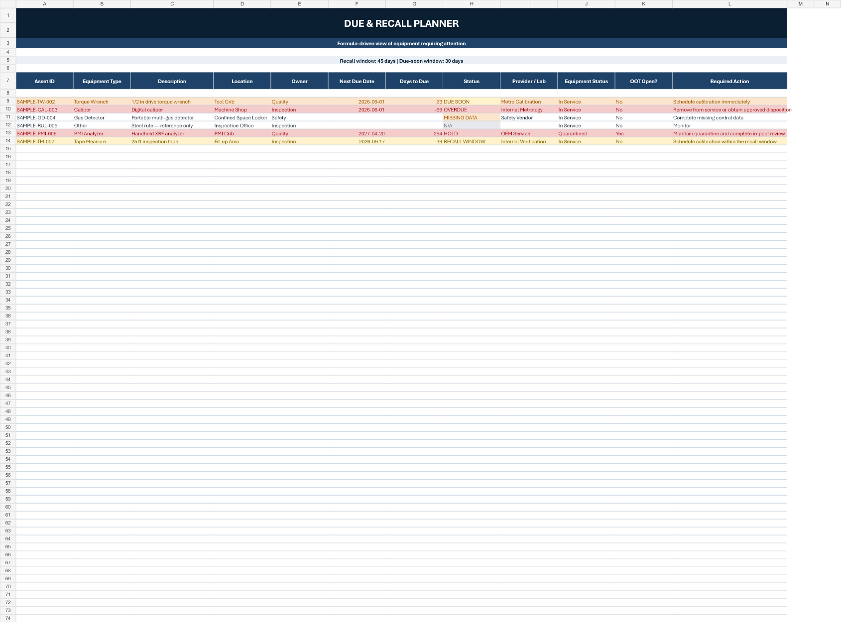 Close-up of the due and recall planner