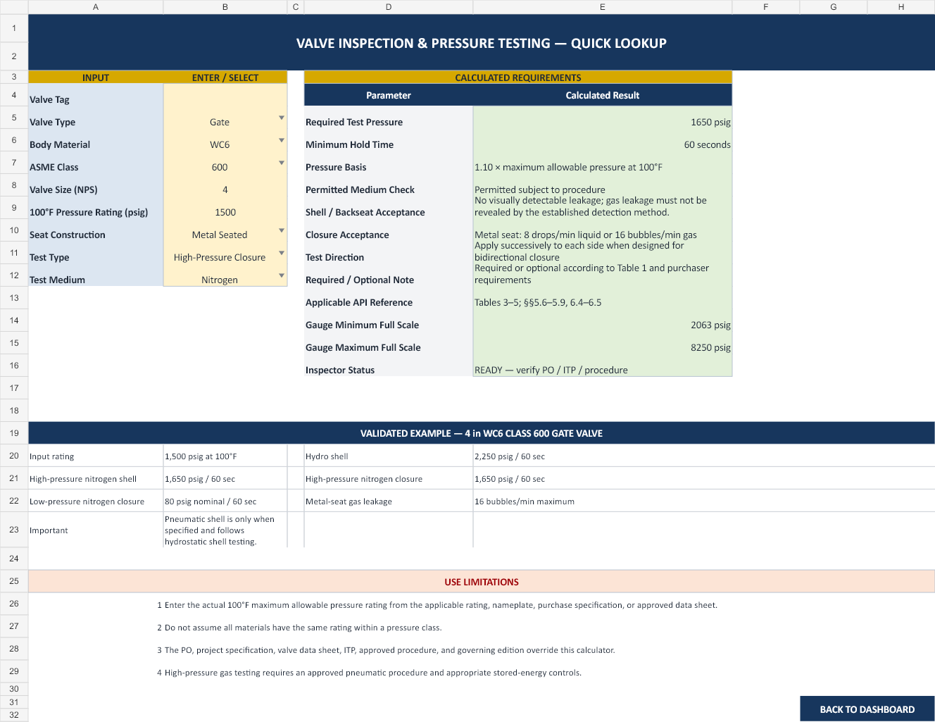 Quick Lookup worksheet calculating valve test requirements