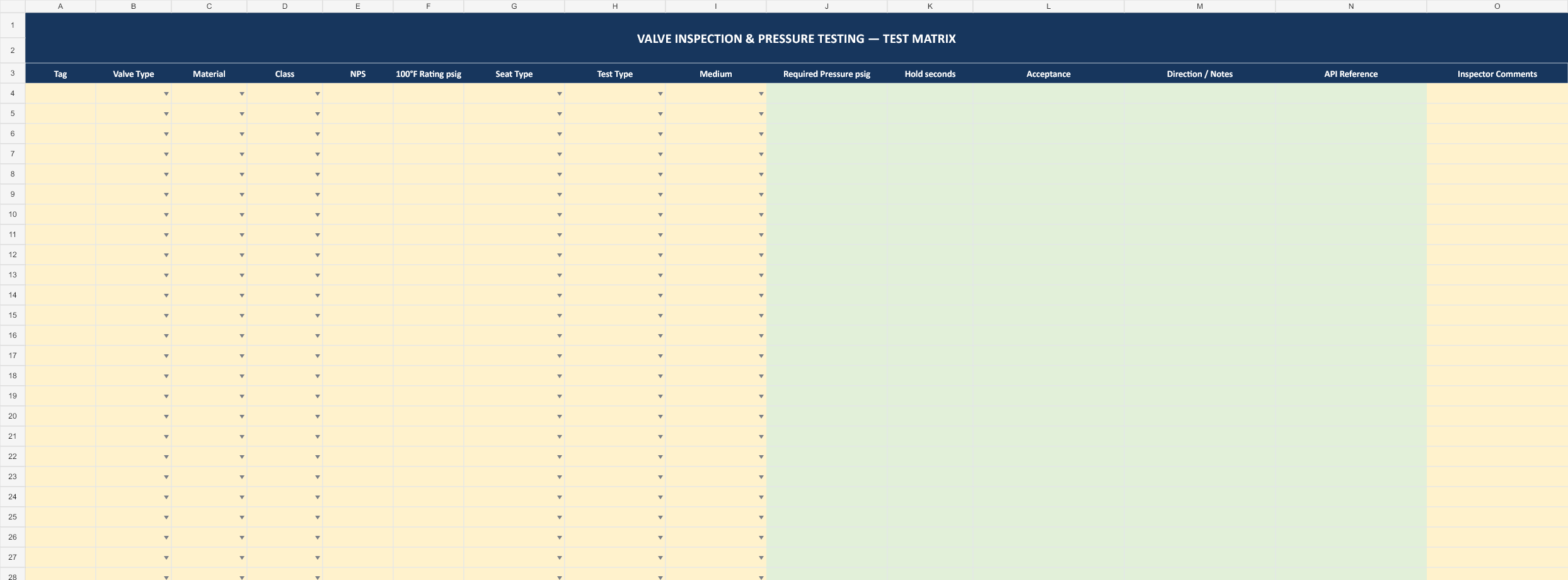 Close-up of the Valve workbook Test Matrix worksheet