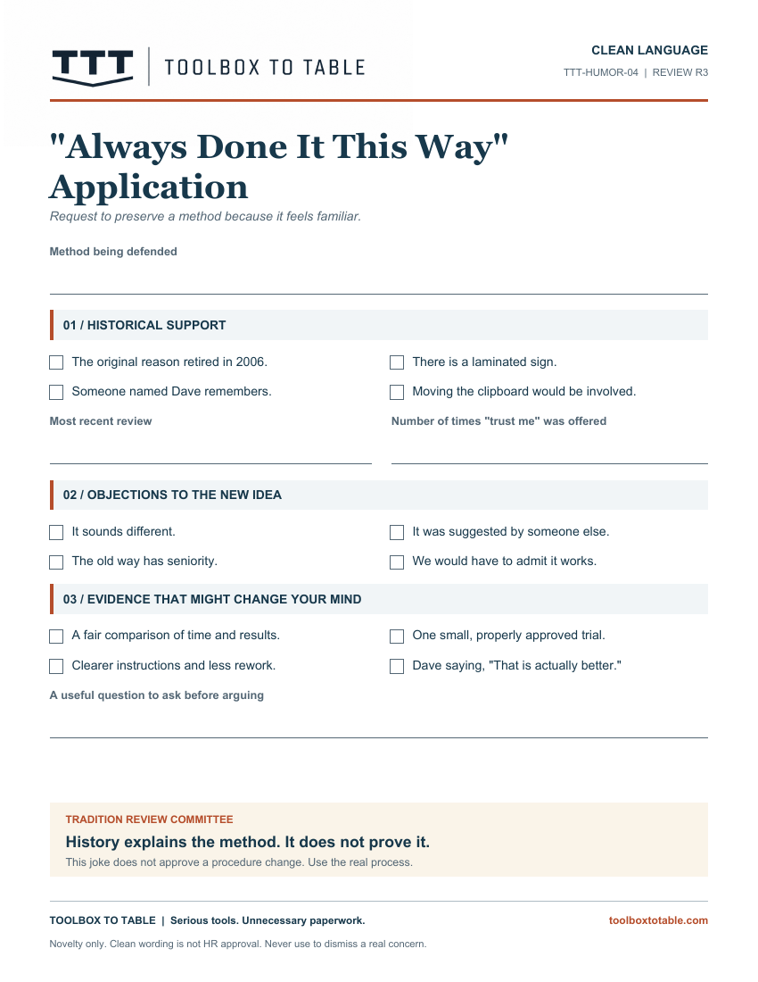 Preview of Always Done It This Way Application
