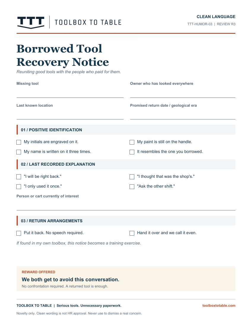 Preview of Borrowed Tool Recovery Notice