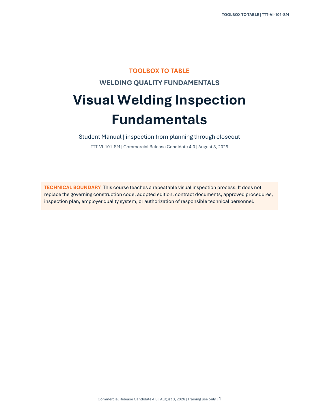 Visual Welding Inspection Fundamentals student manual cover