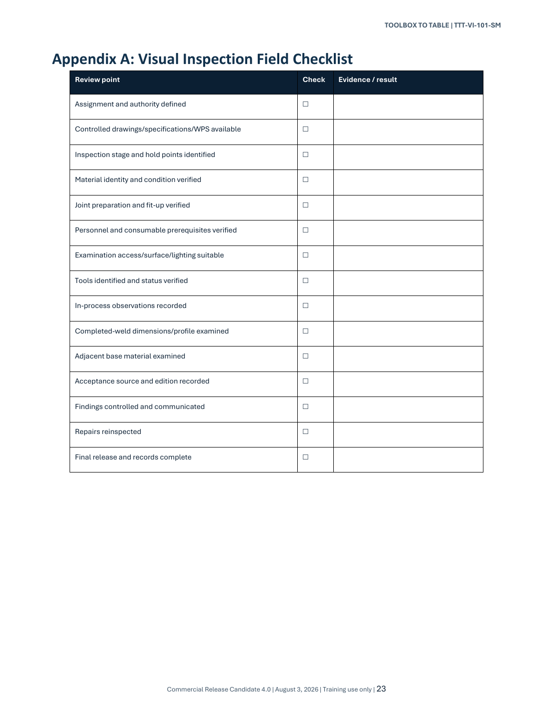 Visual welding inspection field checklist