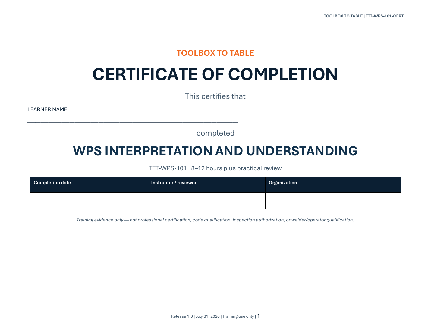 WPS course completion certificate preview