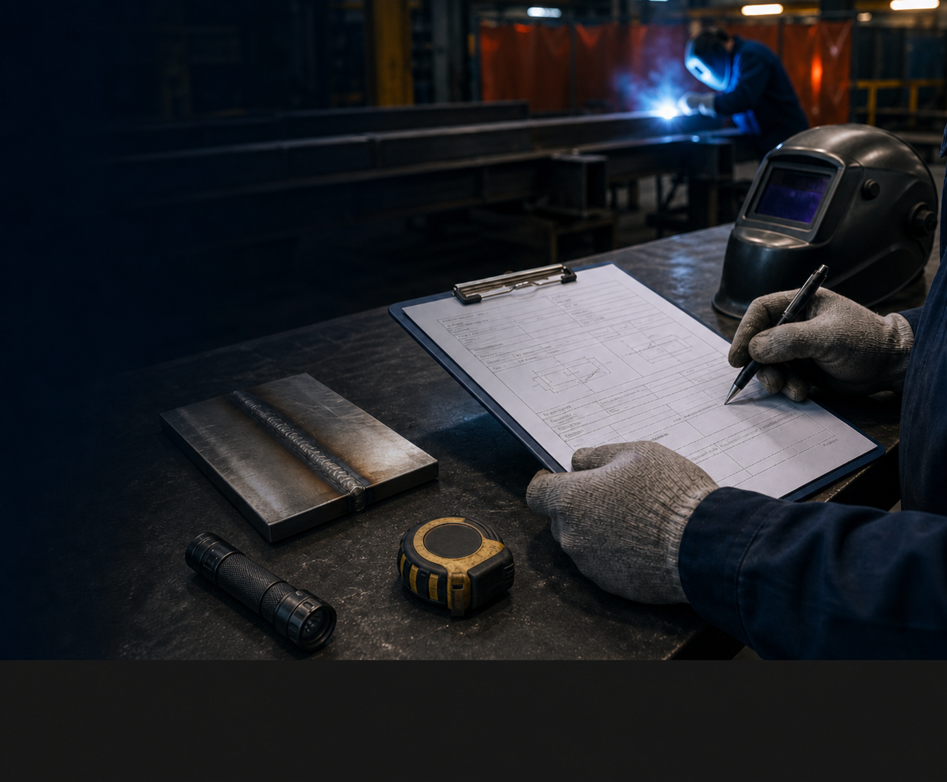 Welding inspector reviewing a WPS beside inspection tools and a groove-weld coupon